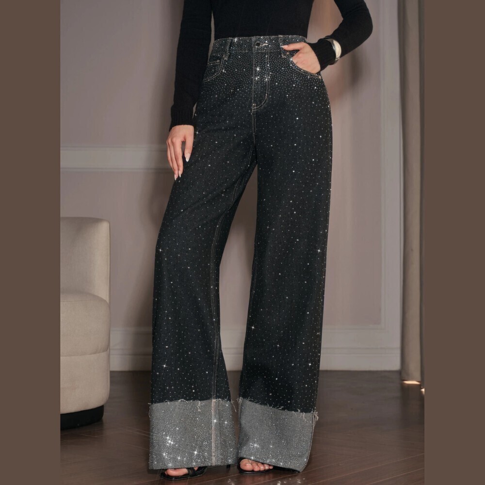 Black Rhinestone Studded Wide Leg Denim Jeans With Raw Cuffed Hem
